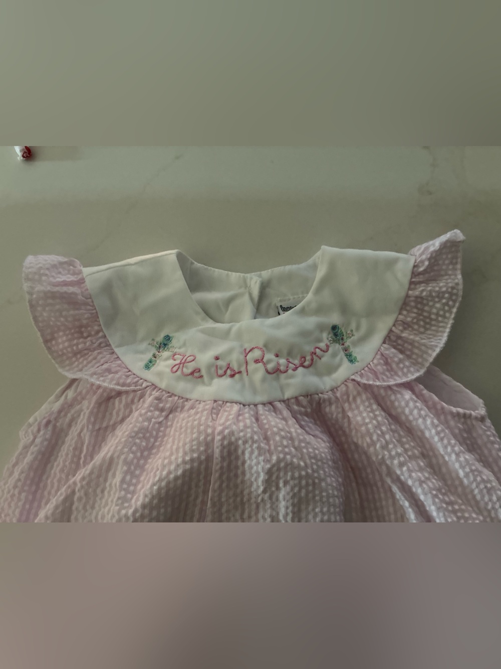 Bayou Blanks Pink Seersucker Ruffle Collar Baby Dress He is Risen Embroidery 18M